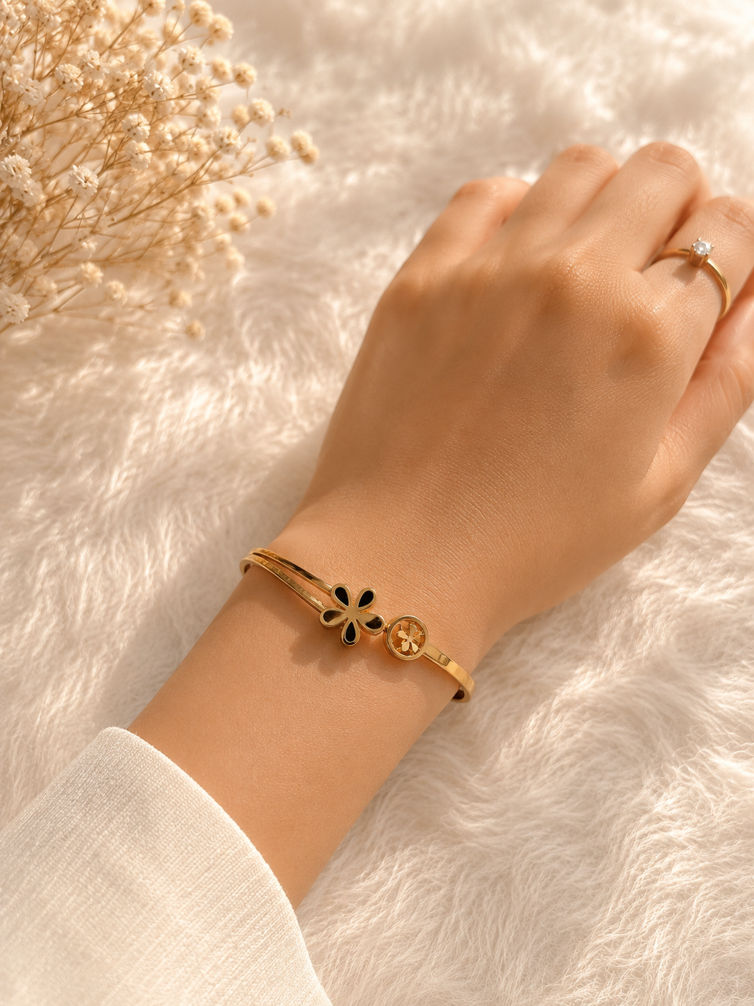 Twin Flower Gold cuff bangle