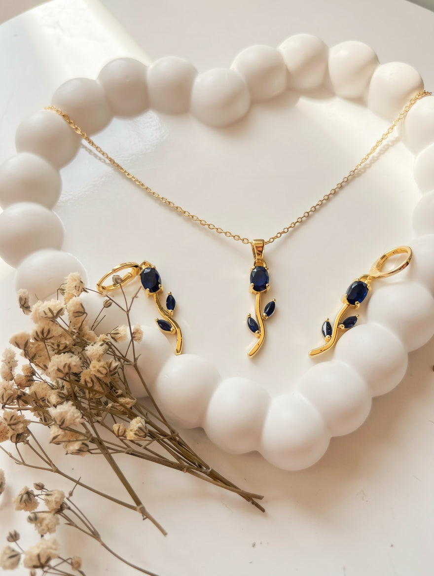 blue tulip pendant necklace with matching earrings. HJ-1072