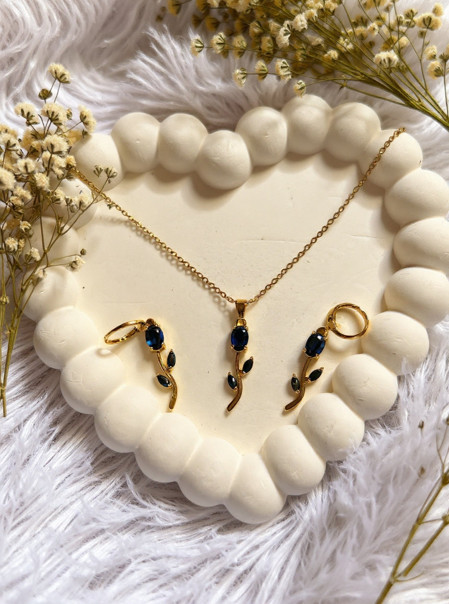 blue tulip pendant necklace with matching earrings. HJ-1072