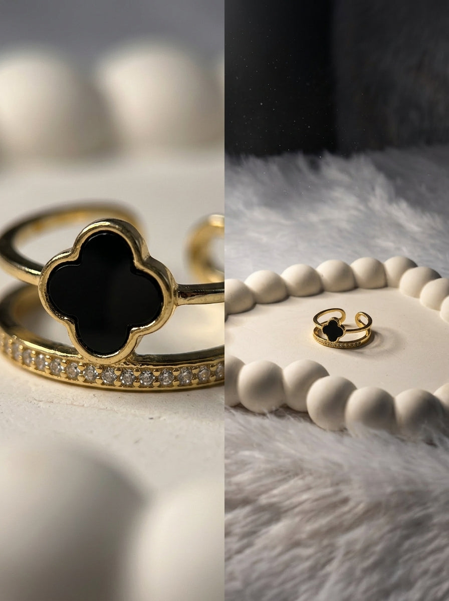 Anti-tarnish ring with a black clover/leaf-shaped stone.