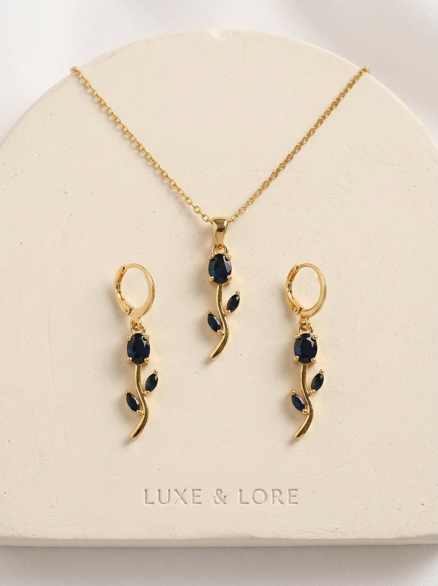 blue tulip pendant necklace with matching earrings. HJ-1072