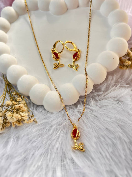 Red stone pendant necklace with matching earrings. HJ-1074